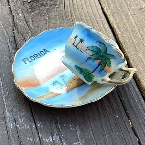 1950s–60s Japan Florida Mini Souvenir Teacup & Saucer, Hand Painted